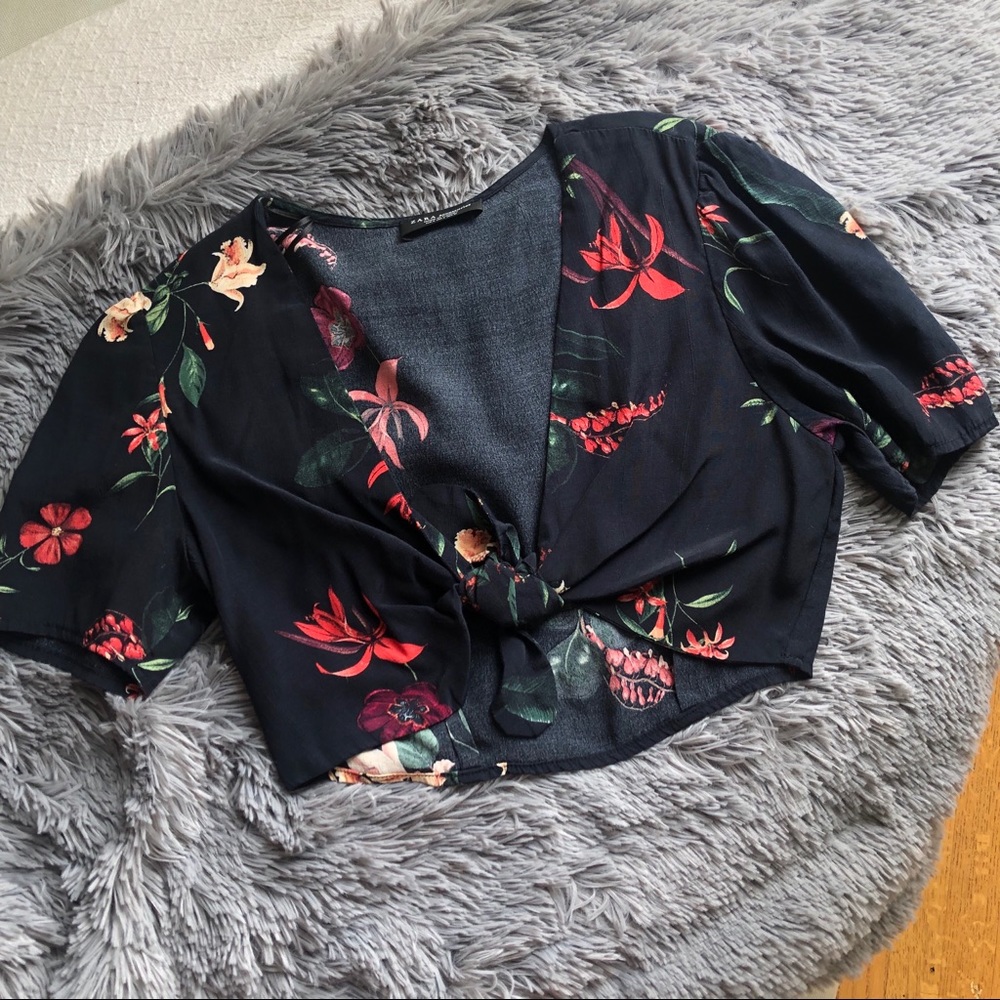 Zara black floral tie front top